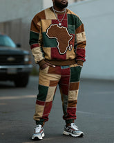 Big & Tall Men's African Map Patchwork Printed Round Neck Sweatshirt Set