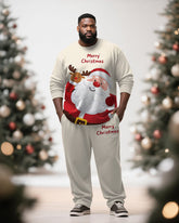Big & Tall Men's Merry Christmas Cartoon Apricot Printed Long Sleeve T-Shirt Pants Set