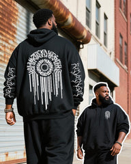 Big & Tall Men's Black Gothic Letter Print Hoodie Set
