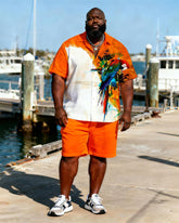Big & Tall Men's Orange And White Color Block Parrot Print Short Sleeve Shirt Shorts Set