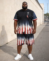Big & Tall Men's American Flag Cross Splash Ink Star Printed Round Neck Short Sleeve T-Shirt Shorts Set