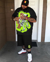 Big & Tall Men's Distressed Grey Spades Print Round Neck Short Sleeve T-Shirt Shorts Set