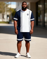 Big & Tall Men's Tibetan White Contrast Wolf Head Printed Crew Neck Short Sleeve T-shirt Shorts Set