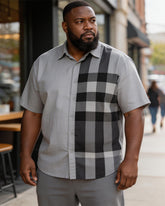 Big & Tall Men's Gray-black Plaid Printed Short-sleeved Shirt