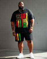 Big & Tall Men's Juneteenth American Flag Print POLO Short Sleeve Shorts Set
