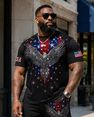 Big & Tall Men's Black Bottom American Flag Eagle Print Crewneck Short Sleeve T-Shirt Shorts Set