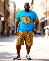 Big & Tall Men's Blue Leopard Head Contrast Printed Crew Neck Short Sleeve T-shirt Shorts Set