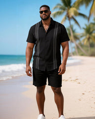 Big & Tall Men's Black Exquisite Striped Print Short Sleeve Shirt Shorts Set