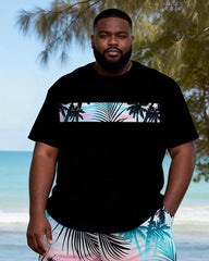 Big & Tall Men's Black Powder Gradient Coconut Printed Round Neck Short Sleeve T-shirt Shorts Set