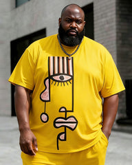 Big & Tall Men's Picasso Style Abstract Face Print Round Neck Short Sleeve T-Shirt Shorts Set