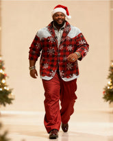 Big & Tall Men's Christmas Red And Black Plaid Snowflake Print Suit