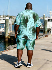 Big & Tall Men's Light Green Bottom Pukui Leaf Printed Short Sleeve Shirt And Shorts Set