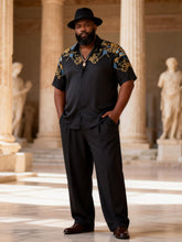 Big & Tall Men's Black And Gold Baroque Print Short Sleeve Shirt Pants Set