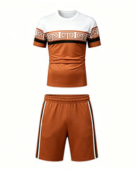 Big & Tall Men's Orange And White Contrast Stitching Printed Crew Neck Short Sleeve T-shirt Shorts Set