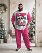 Big & Tall Men's Merry Christmas Cartoon Pink Printed Long Sleeve T-Shirt Pants Set