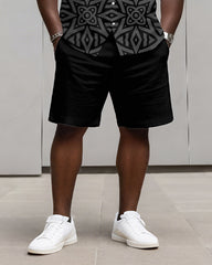 Big & Tall Men's Business Black Geometric Print Long Sleeve Shirt Shorts Set