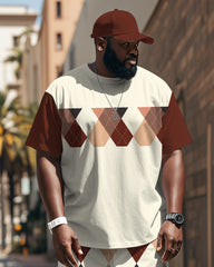 Big & Tall Men's Brown Retro Rhomboid Printed T-Shirt Pants Set