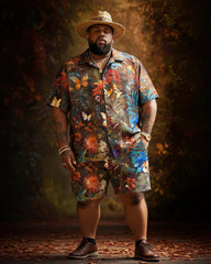 Big & Tall Men's Jungle Floral Butterfly Print Short Sleeve Shirt Shorts Set