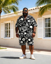 Big & Tall Men's Black And White Nautical Elements Print Short Sleeve Shirt Shorts Set