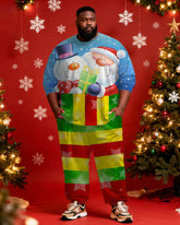 Big & Tall Men's Santa Claus Color Striped Graffiti Print Long Sleeve T-Shirt Pants Set