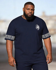 Big & Tall Men's Tibetan Lion Head Greek Print Crew Neck Short Sleeve T-shirt Shorts Set