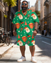 Big & Tall Men's Santa Claus Graffiti Green Print Short Sleeve Shirt Shorts Set