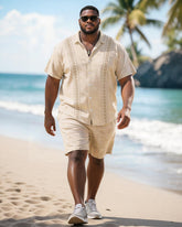 Big & Tall Men's Khaki Diamond Print Short Sleeve Shirt Shorts Set