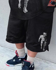 Big & Tall Men's Gray-black Gradient Skull Print Round Neck Short Sleeve T-shirt Shorts Set