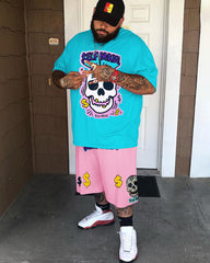 Big & Tall Men's Lake Blue Skull Dollar Printed Crewneck Short Sleeve T-Shirt Shorts Set