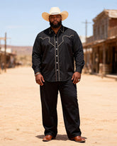 Big & Tall Men's Western Black Bottom Rice White Decorative Line Printed Long Sleeve Shirt Pants Set