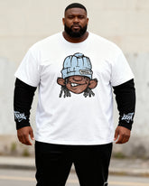 Big & Tall Men's Cartoon Character Printed Fake Two-piece Long Sleeve T-shirt