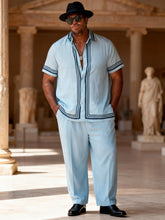 Big & Tall Men's Light Blue Contrast Striped Printed Short Sleeve Shirt Pants Set