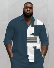 Big & Tall Men's Business Blue Geometric Print Long Sleeve Shirt Shorts Set