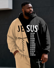 Big & Tall Men's Two-color Stitching "JESUS" Faith Theme Printed Hoodie Set
