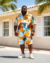 Big & Tall Men's Yellow Bottom Tropical Floral Print Short Sleeve Shirt Shorts Set