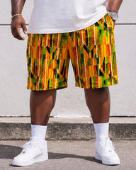 Big & Tall Men's Ethnic Pattern Stitching JESUS Cross Letter Printed Round Neck Short Sleeve T-Shirt Shorts Set