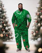 Big & Tall Men's Christmas Tree Green Graffiti Print Long Sleeve T-Shirt Pants Set