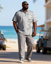 Big & Tall Men's Ink Bamboo Grey Printed Zipper Polo Short Sleeve Pants Set