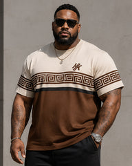 Big & Tall Men’s Coffee-White Color-Block Meander-Print Crew-Neck Short-Sleeve T-Shirt And Shorts Set