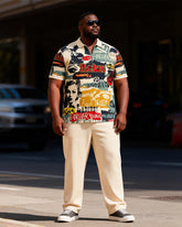 Big & Tall Men's Vintage Graffiti Print Zipper Polo Short Sleeve Pants Set