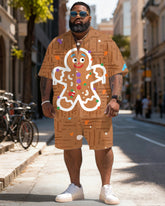 Big & Tall Men's Christmas Gingerbread Man Print Short Sleeve Shirt Shorts Set