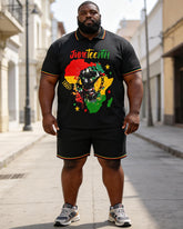 Big & Tall Men's Juneteenth Africa Map Break Free Chain Print POLO Short Sleeve Shorts Set