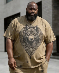 Big & Tall Men's Wolf Head Badge Print Crewneck Short Sleeve T-Shirt Shorts Set