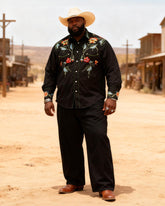 Big & Tall Men's Western Black Floral Print Long Sleeve Shirt Pants Set