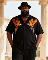 Big & Tall Men's Black Gold Double Parrot Print Short Sleeve Shirt Pants Set