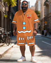 Big & Tall Men's Christmas Gingerbread Man Cosplay Printed Short Sleeve Shirt Shorts Set