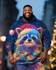 Big & Tall Men's Colorful Star Christmas Hat Raccoon Print Hoodie Set