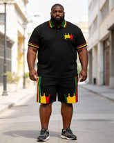 Big & Tall Men's Crown Print Red Yellow Green Contrast Print POLO Short Sleeve Shorts Set