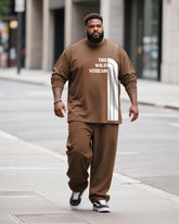 Big & Tall Men's Brown Striped Alphabet Print Long Sleeve T-Shirt Pants Set