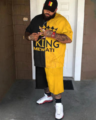 Big & Tall Men's Yellow And Black Stitching Letter Printed Round Neck Short Sleeve T-shirt Shorts Set